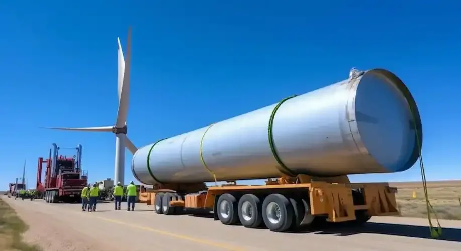 A large cylindrical unit secured with restraints on a low flatbed trailer