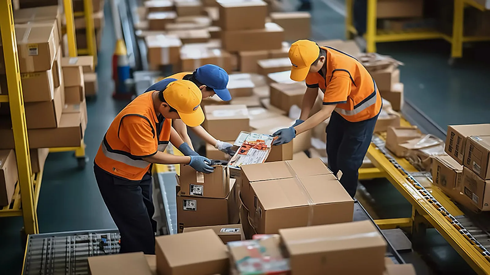 Packing workers checking goods together beside cartons and conveyors